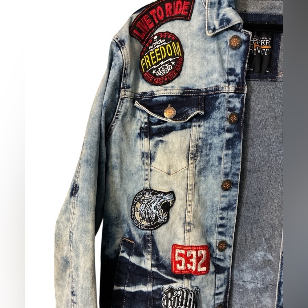 Copper Rivet Motorcycle Painted Jean Jacket Size Large - Picture 3 of 7